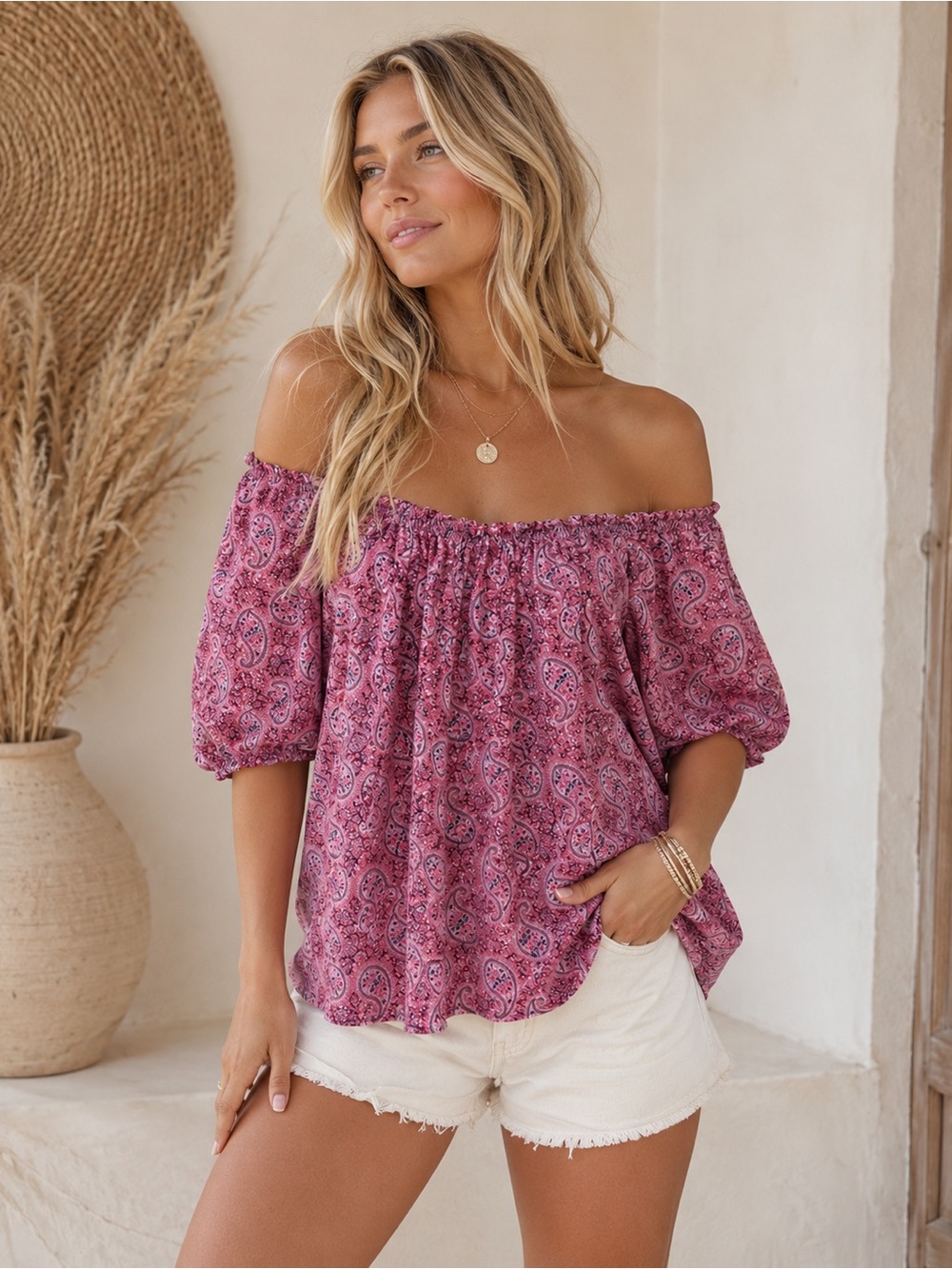 Vanity Off-Shoulder Paisley Blouse in Rose Pink Boho Chic